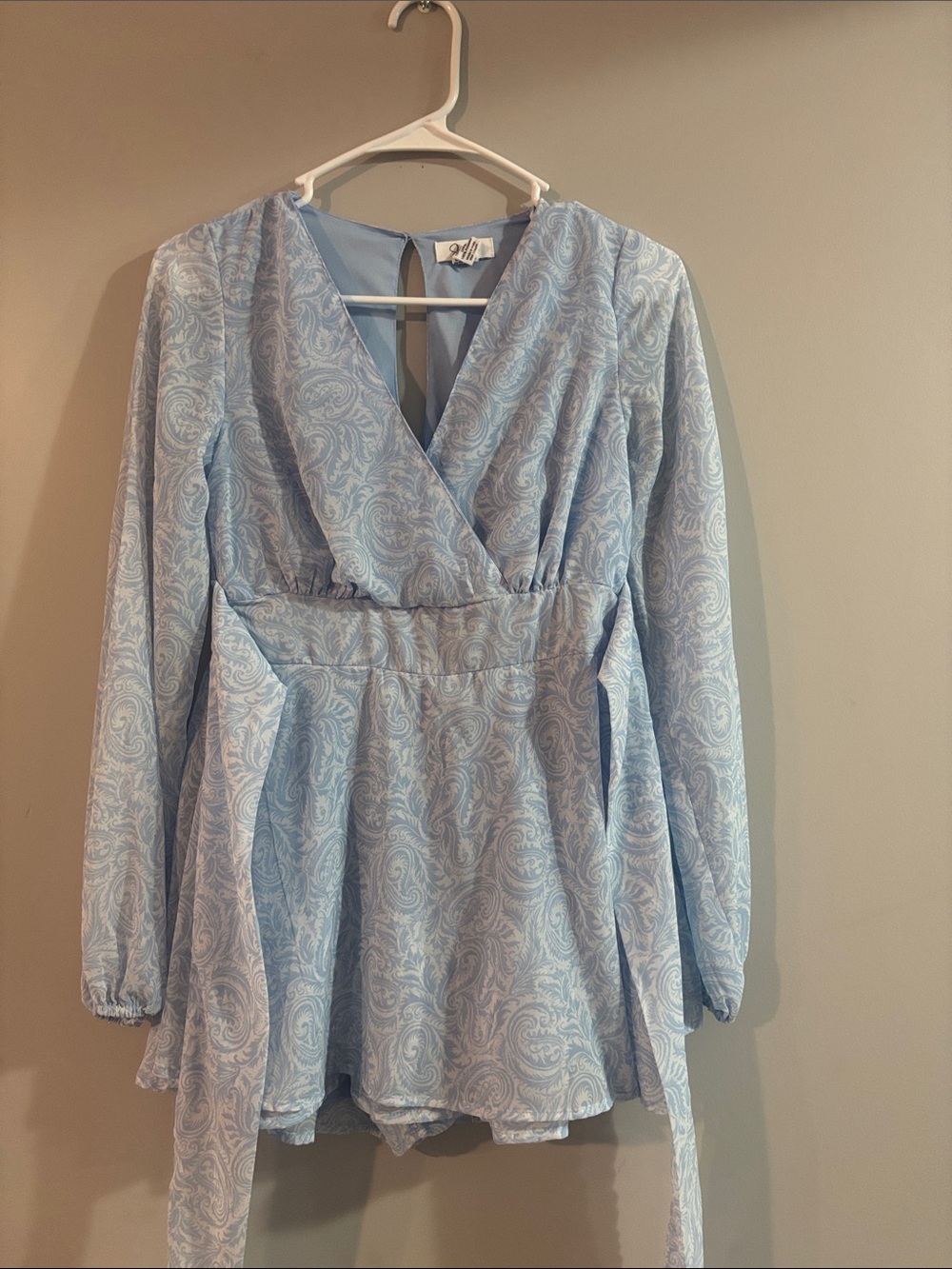 Japna Light Blue Paisley Wrap Long Sleeve Mini Dress